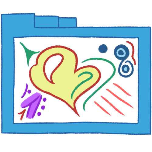  A hollow blue folder with thin lineart. It contains many abstract lines and shapes in various colours. The biggest shape is vaguely heart-like, and contains a pale green fill with a portion of it cut out. 